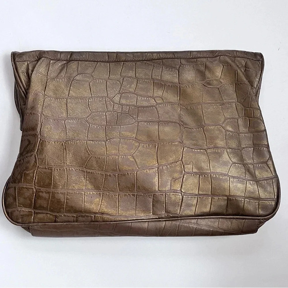 Vintage Y2K Cynthia Rowley Embossed Bronze Leather Fold Over Buckle Clutch - Picture 7 of 14